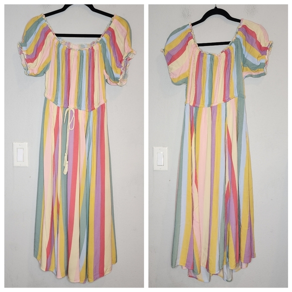 Torrid Midi Challis Off-Shoulder Dress Rainbow Stripe Stretch Size 0 Lrg pockets - Picture 16 of 16
